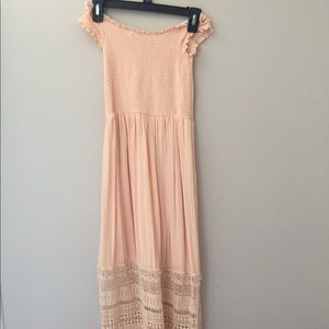 Neon coral maxi dress with crochet detail